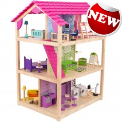 Casuta mare Eleganta - Șic din lemn, joaca de jur imprejur la 360° - pentru papusi cu 46 accesorii